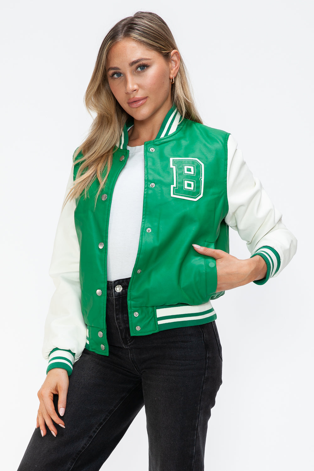 Love Me Now PU Leather Contrast Snap Down Bomber Jacket 15775 | Gulf Resellers 