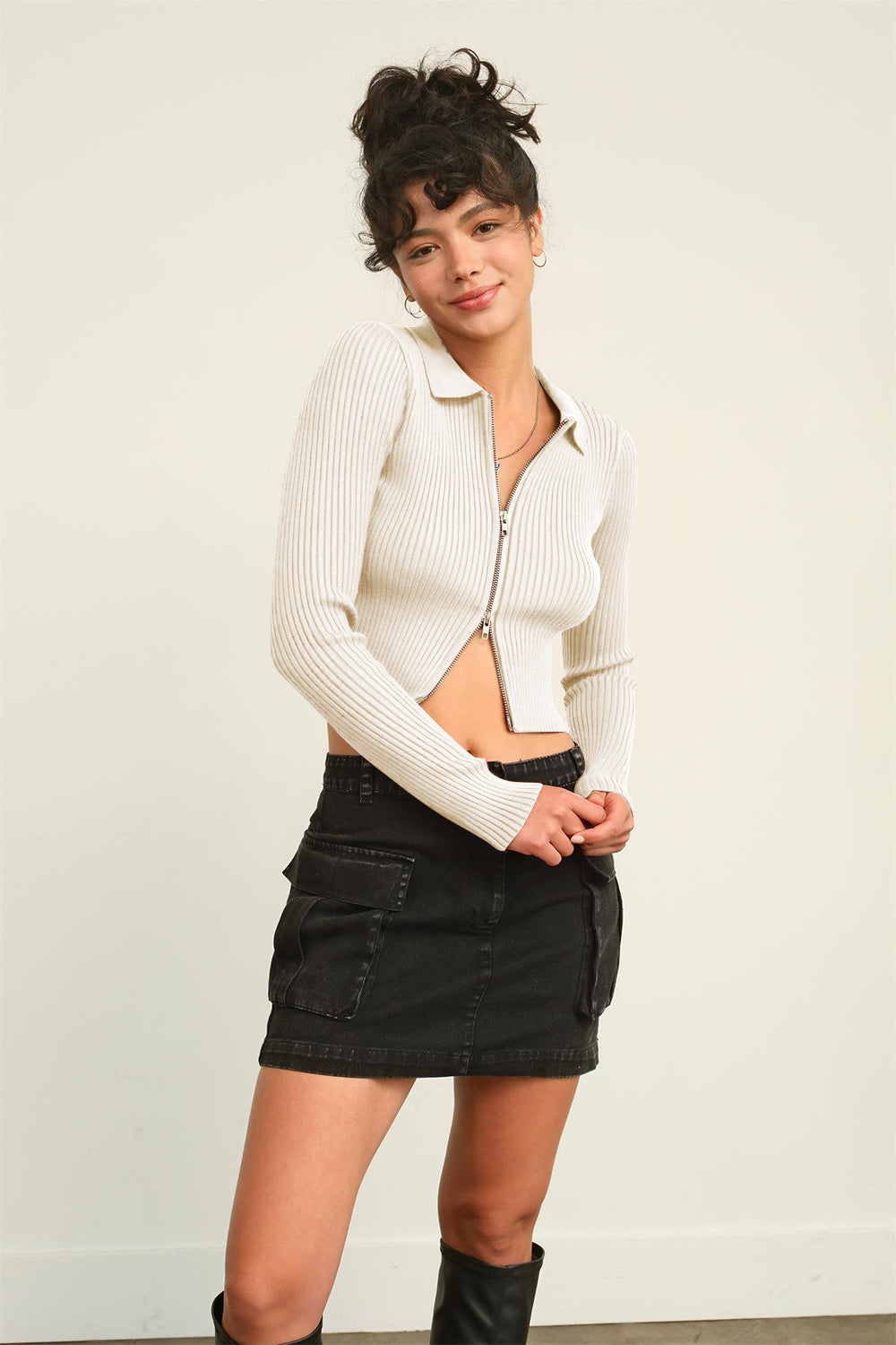 HYFVE Ribbed Double Zip Cropped Cardigan 18712 | Gulf Resellers 