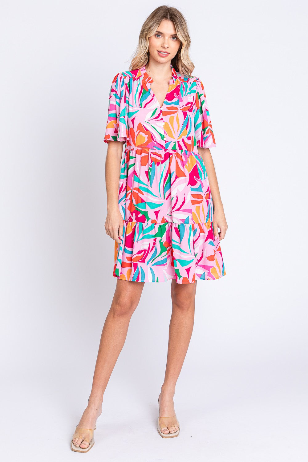 GeeGee Printed Short Sleeve Ruffle Hem Dress | Gulf Resellers