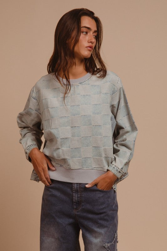 BiBi Mineral Washed Checkered Round Neck Denim Top 20098 | Gulf Resellers 