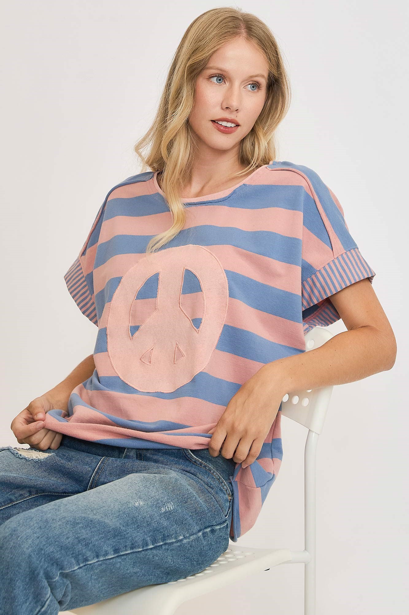 Umgee Peace Sign Patch Striped French Terry T-Shirt 18079 | Gulf Resellers 