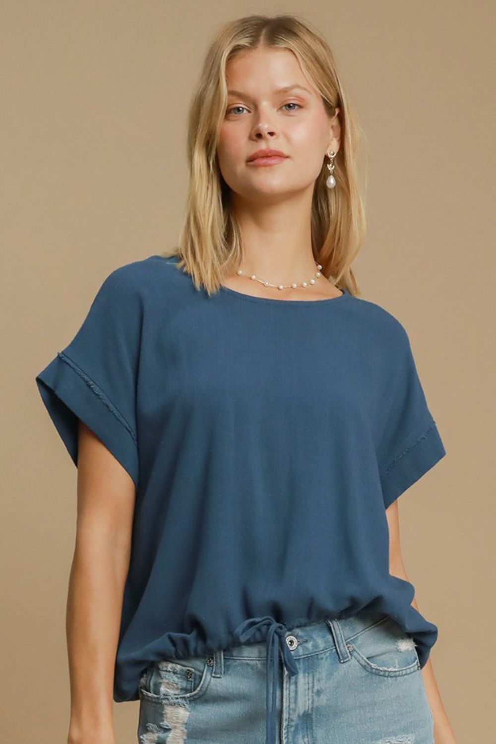 Umgee Drawstring Hem Round Neck Short Sleeve T-Shirt 18504 | Gulf Resellers 