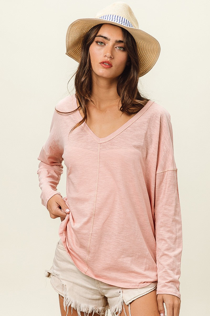 BiBi Exposed Seam V-Neck Long Sleeve T-Shirt 21885 | Gulf Resellers 