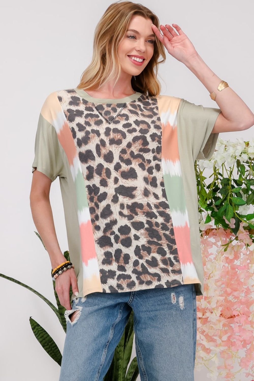 Celeste Full Size Leopard Color Block T-Shirt