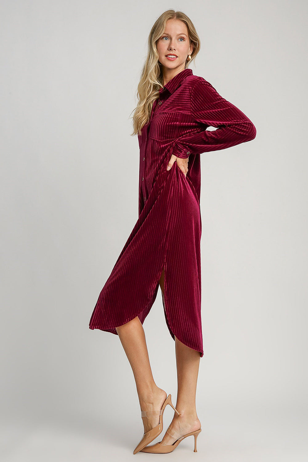 Umgee Texture Curved Hem Button Down Shirt Dress 20411 | Gulf Resellers 