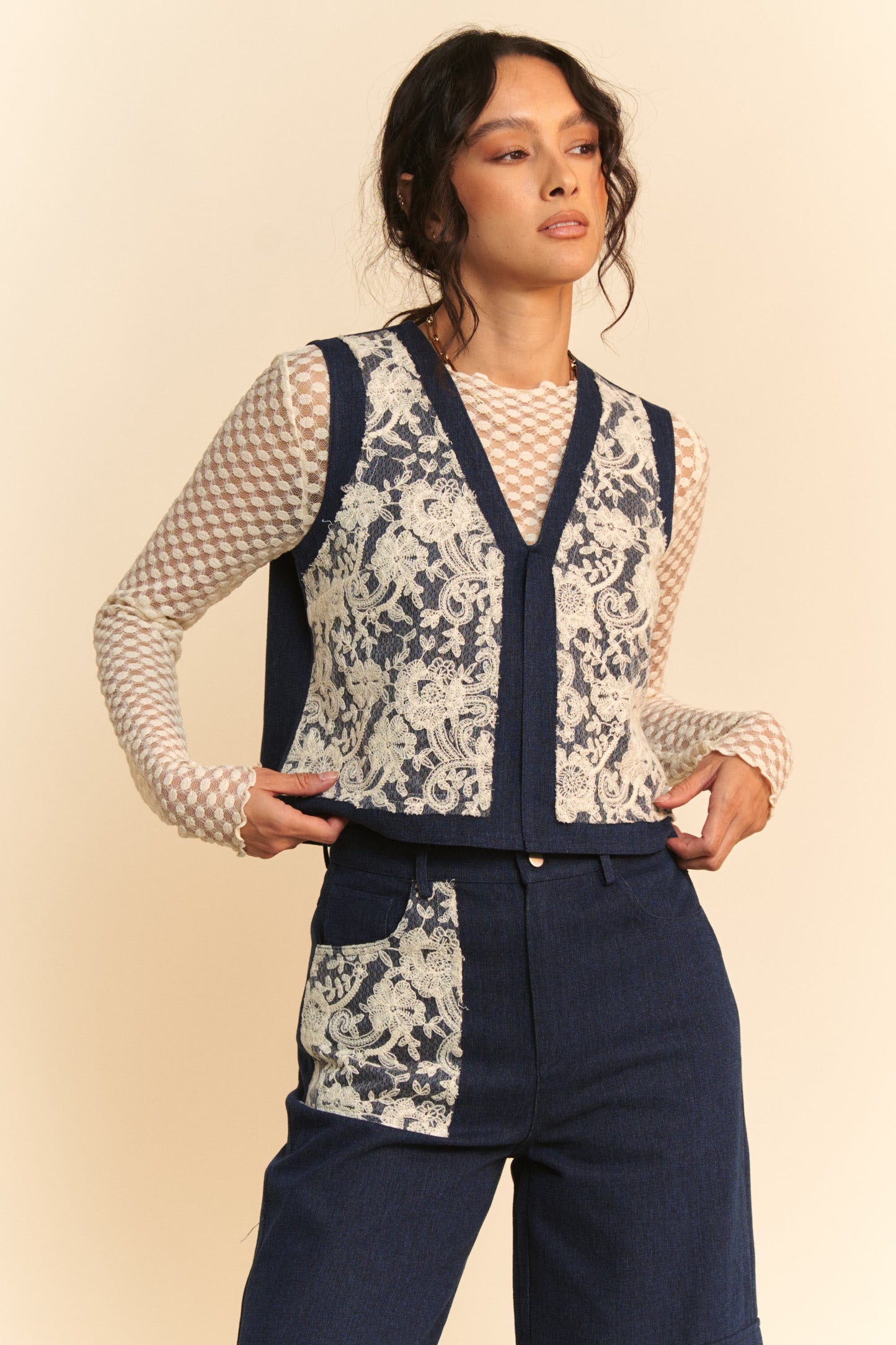 Davi & Dani Lace Patch Open Front Denim Vest 20063 | Gulf Resellers 