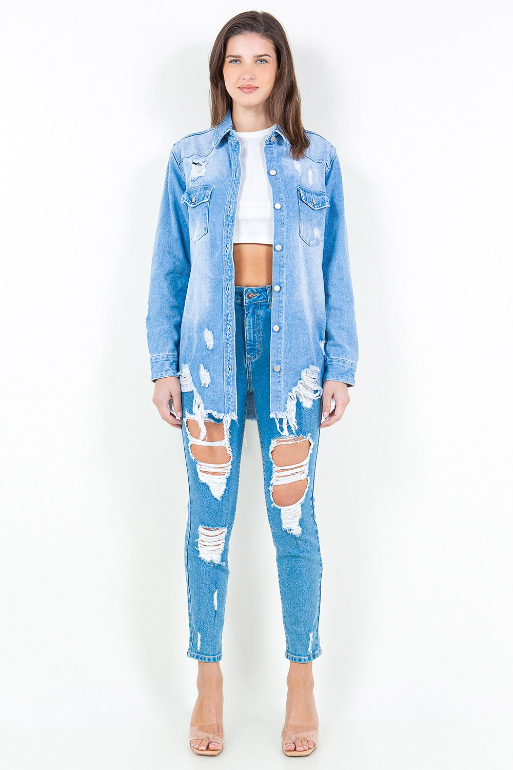 American Bazi Frayed Hem Distressed Denim Shirt Jacket 13780 | Gulf Resellers 