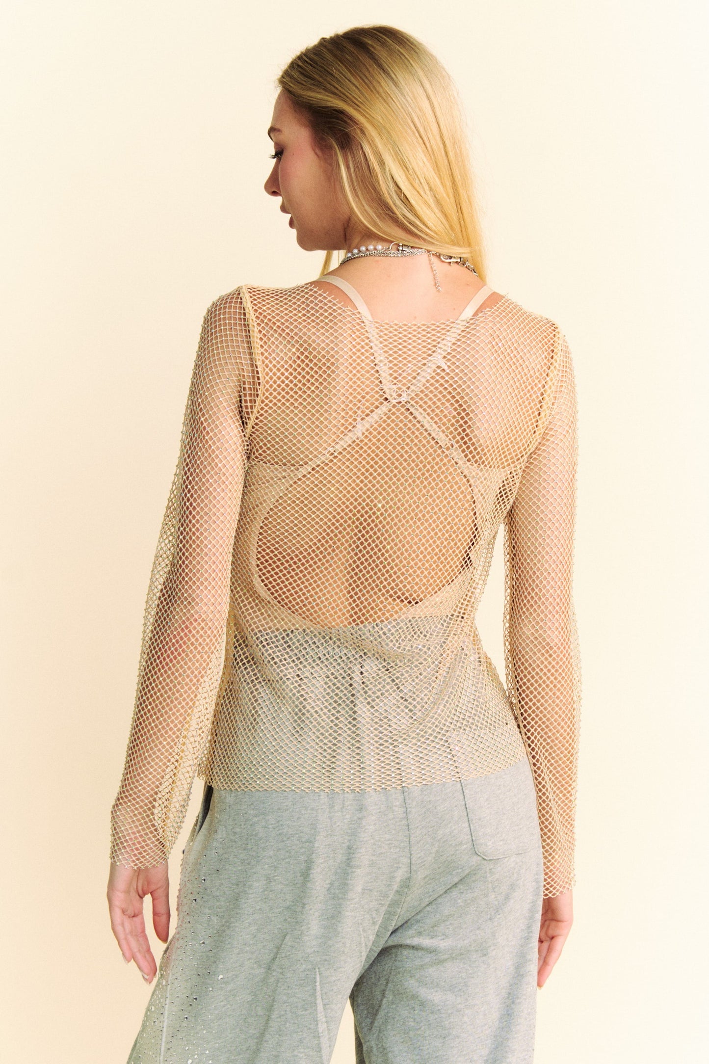 Davi & Dani Sparkling Rhinestone Sheer Mesh Round Neck Top 18543 | Gulf Resellers 