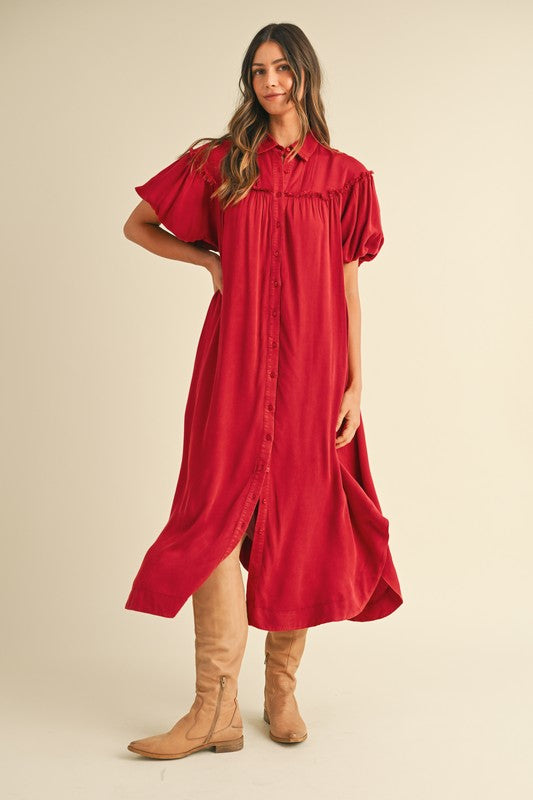 Annie Wear Mineral Washed Button Down Puff Sleeve Shirt Dress 20869 | Gulf Resellers 