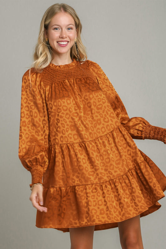 Umgee Smocked Leopard Long Sleeve Tiered Dress 21412 | Gulf Resellers 