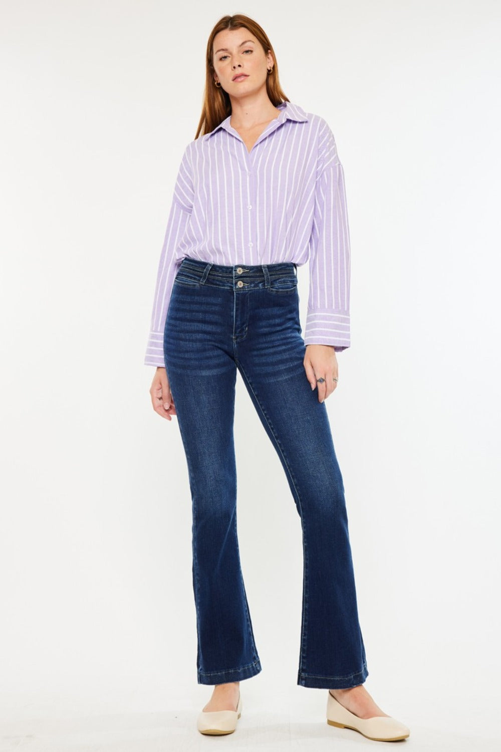 Kancan High Rise Double Waistband Flare Jeans | Gulf Resellers