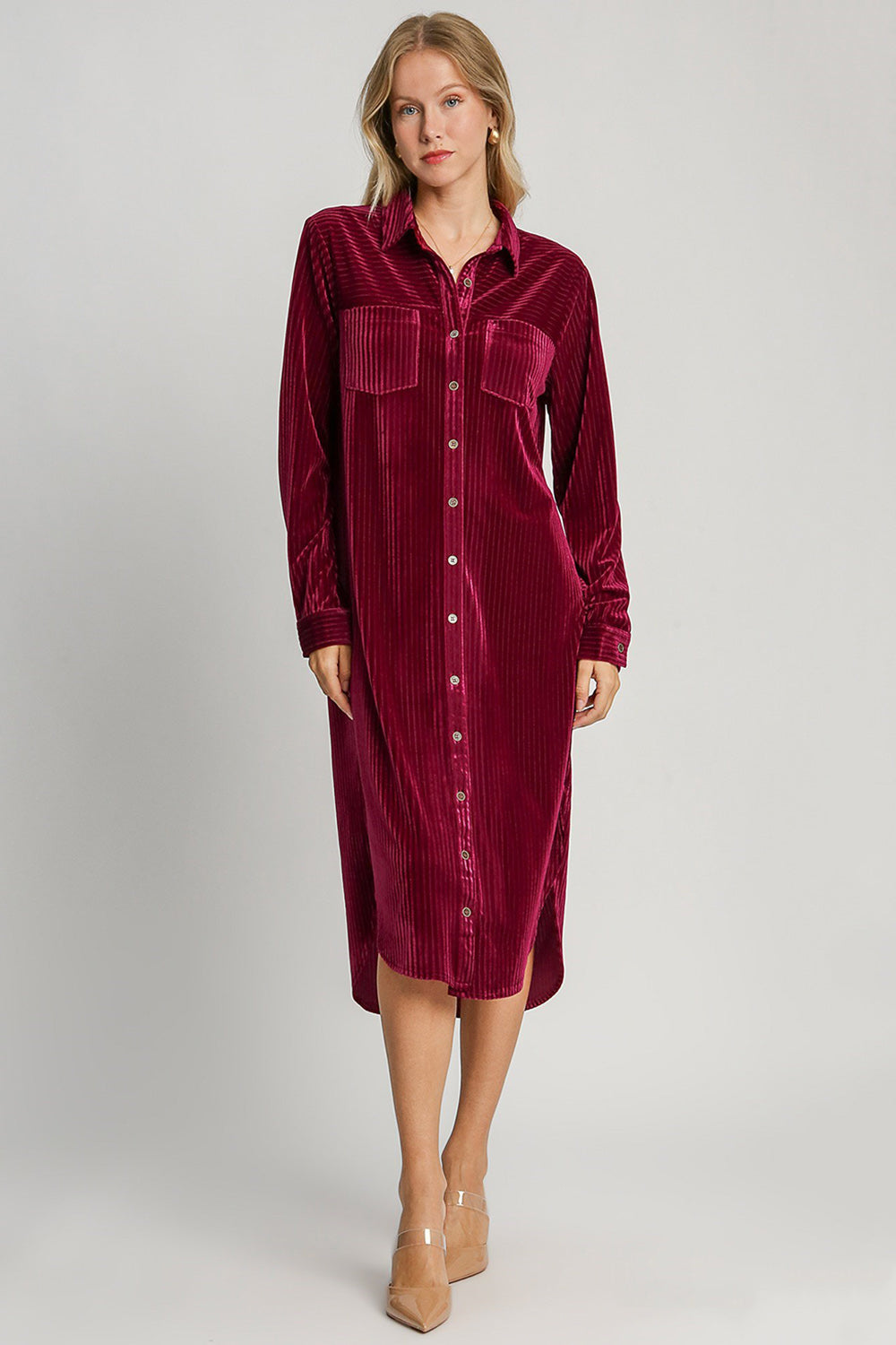 Umgee Texture Curved Hem Button Down Shirt Dress 20409 | Gulf Resellers 