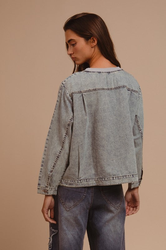 BiBi Mineral Washed Checkered Round Neck Denim Top 20095 | Gulf Resellers 