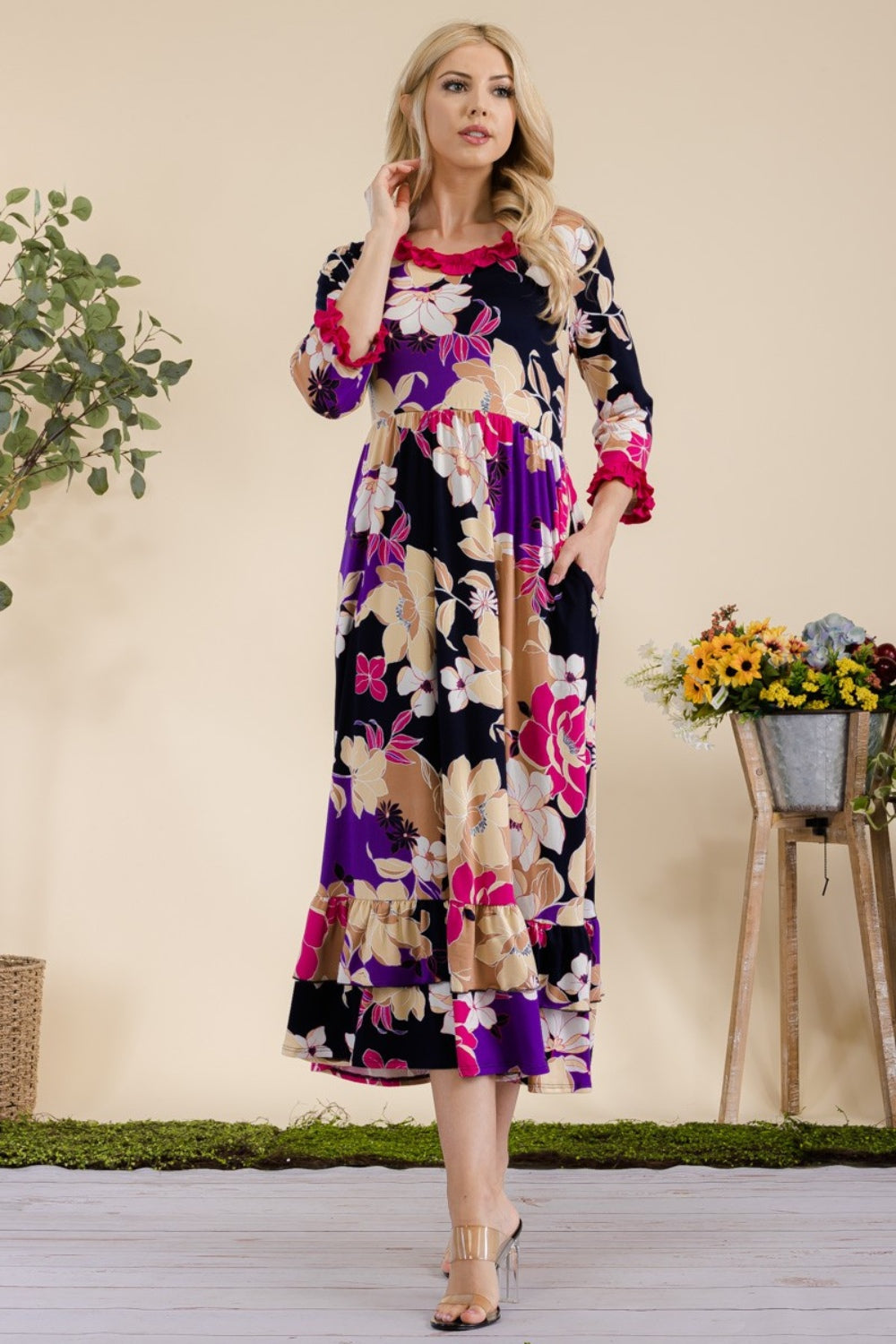 Celeste Full Size Floral Ruffled Midi Dress 9603 | Gulf Resellers 