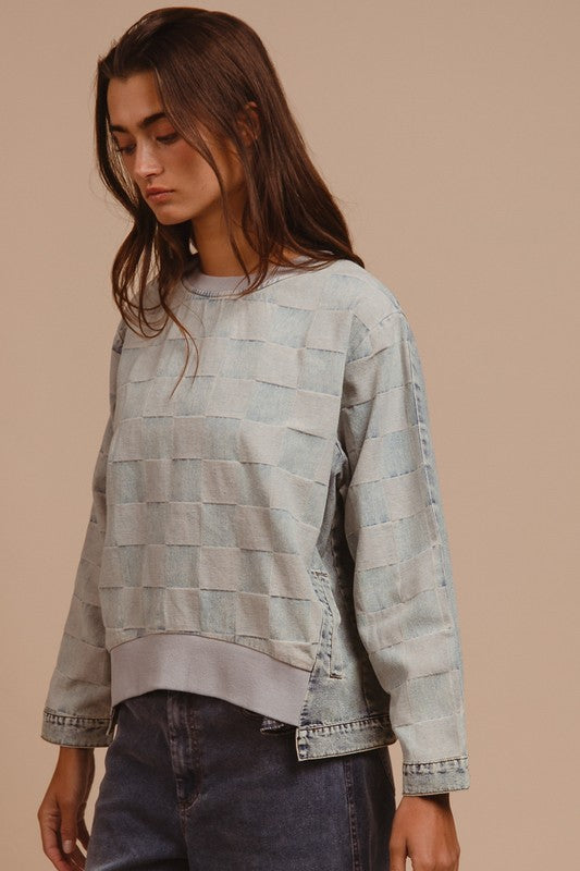 BiBi Mineral Washed Checkered Round Neck Denim Top 20094 | Gulf Resellers 