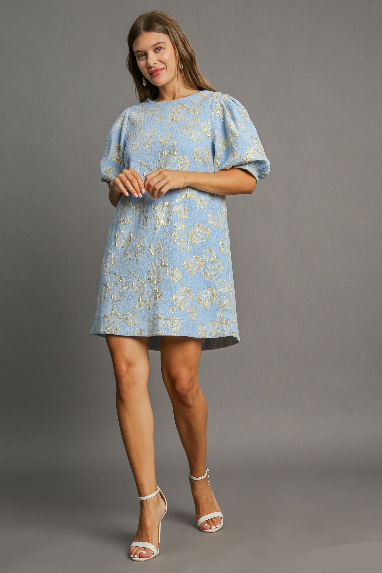 Umgee Floral Jacquard Puff Sleeve Mini Dress 21343 | Gulf Resellers 