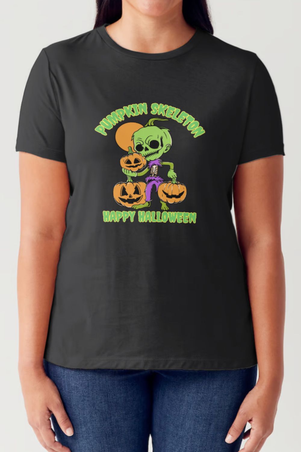 Simply Love Full Size PUMPKIN SKELETON HAPPY HALLOWEEN Short Sleeve Tubular T-Shirt 18162 | Gulf Resellers 