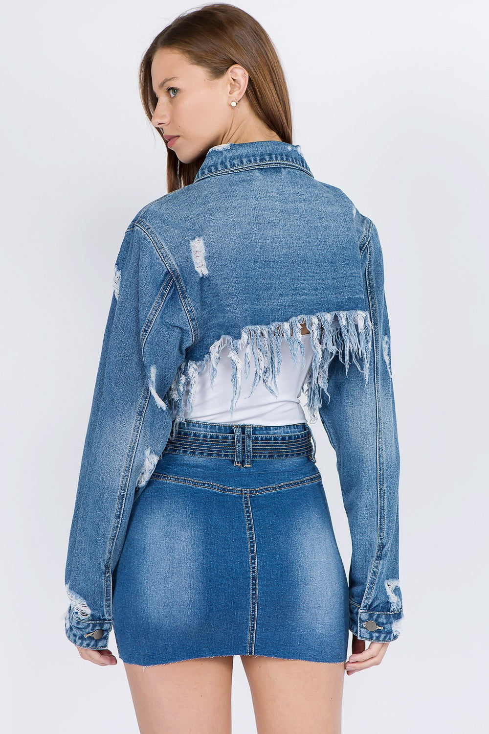 American Bazi Distressed Denim Jacket with Frayed Hem | Gulf Resellers