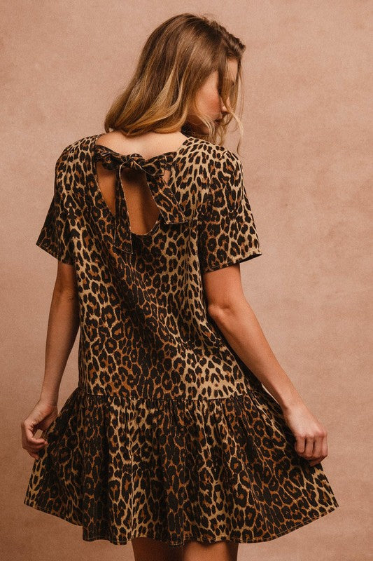 BiBi Tie Back Leopard Round Neck Short Sleeve Dress 20886 | Gulf Resellers 