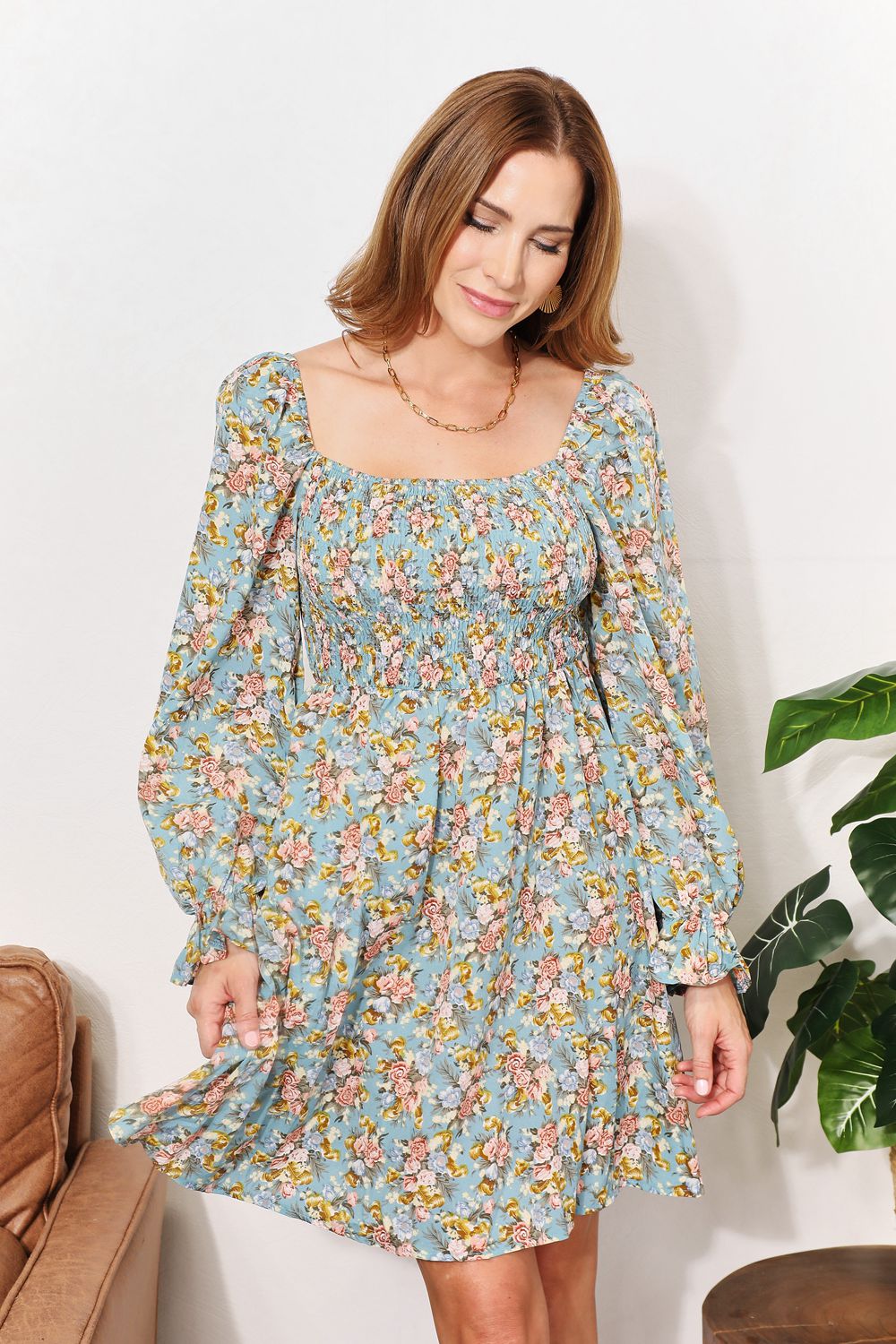 Double Take Floral Smocked Flounce Sleeve Square Neck Dress | Gulf Resellers