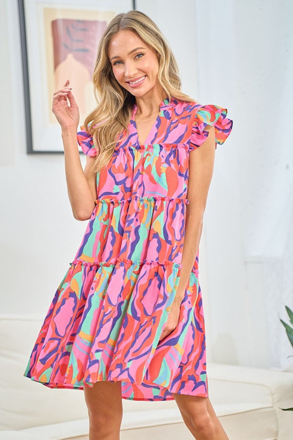 First Love Full Size Printed Ruffle Cap Sleeve Tiered Dress 6384 | Gulf Resellers 