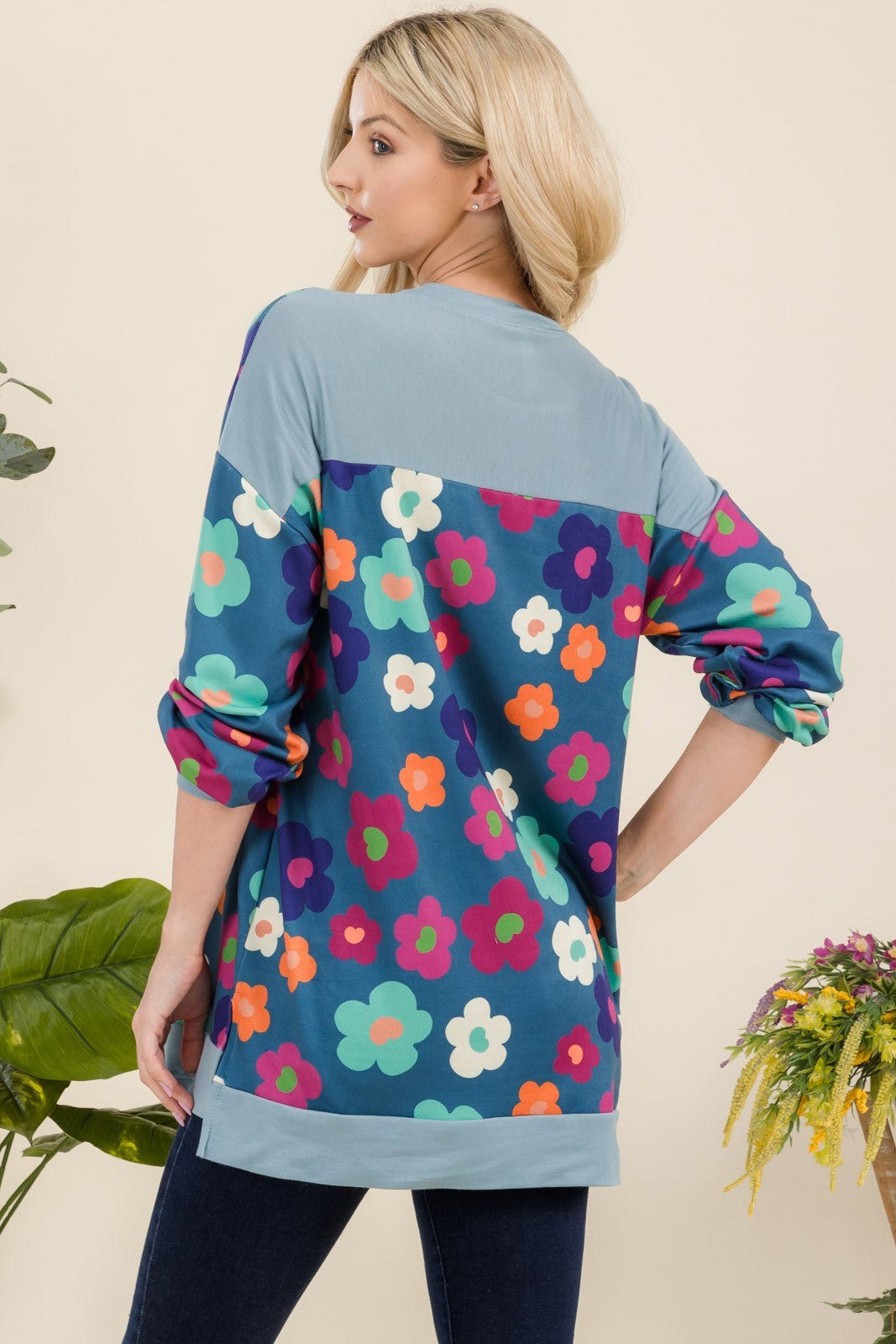 Celeste Full Size Side Slit Flower Print Long Sleeve Top 19556 | Gulf Resellers 