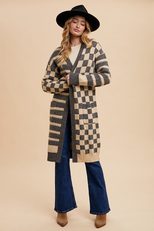 Annie Wear Checkered & Striped Open Front Long Sleeve Cardigan 19686 | Gulf Resellers 