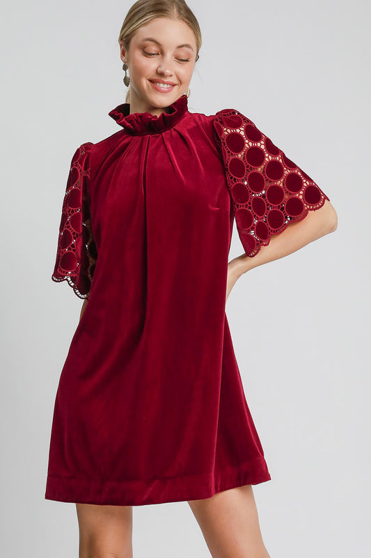 Umgee Dotted Lace Half Sleeve Mock Neck Back Tie Velvet Dress 21560 | Gulf Resellers 