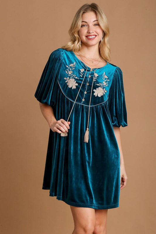 Umgee Embroidered Half Sleeve Velvet Mini Dress with Tassel 21460 | Gulf Resellers 