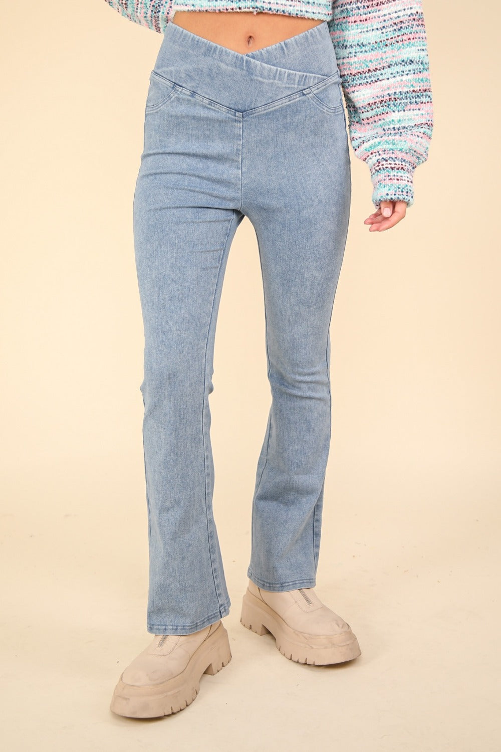 VERY J Washed Denim Stretchy Crossover Waist Leggings | Gulf Resellers