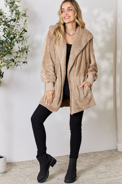 H&T Faux Fur Open Front Hooded Jacket