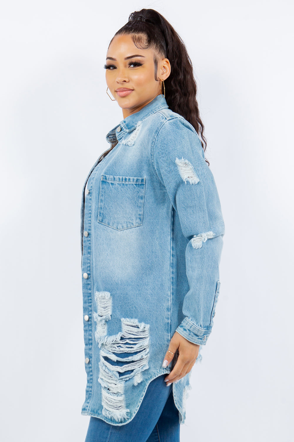 American Bazi Distressed Button Up Long Sleeve Denim Jacket | Gulf Resellers