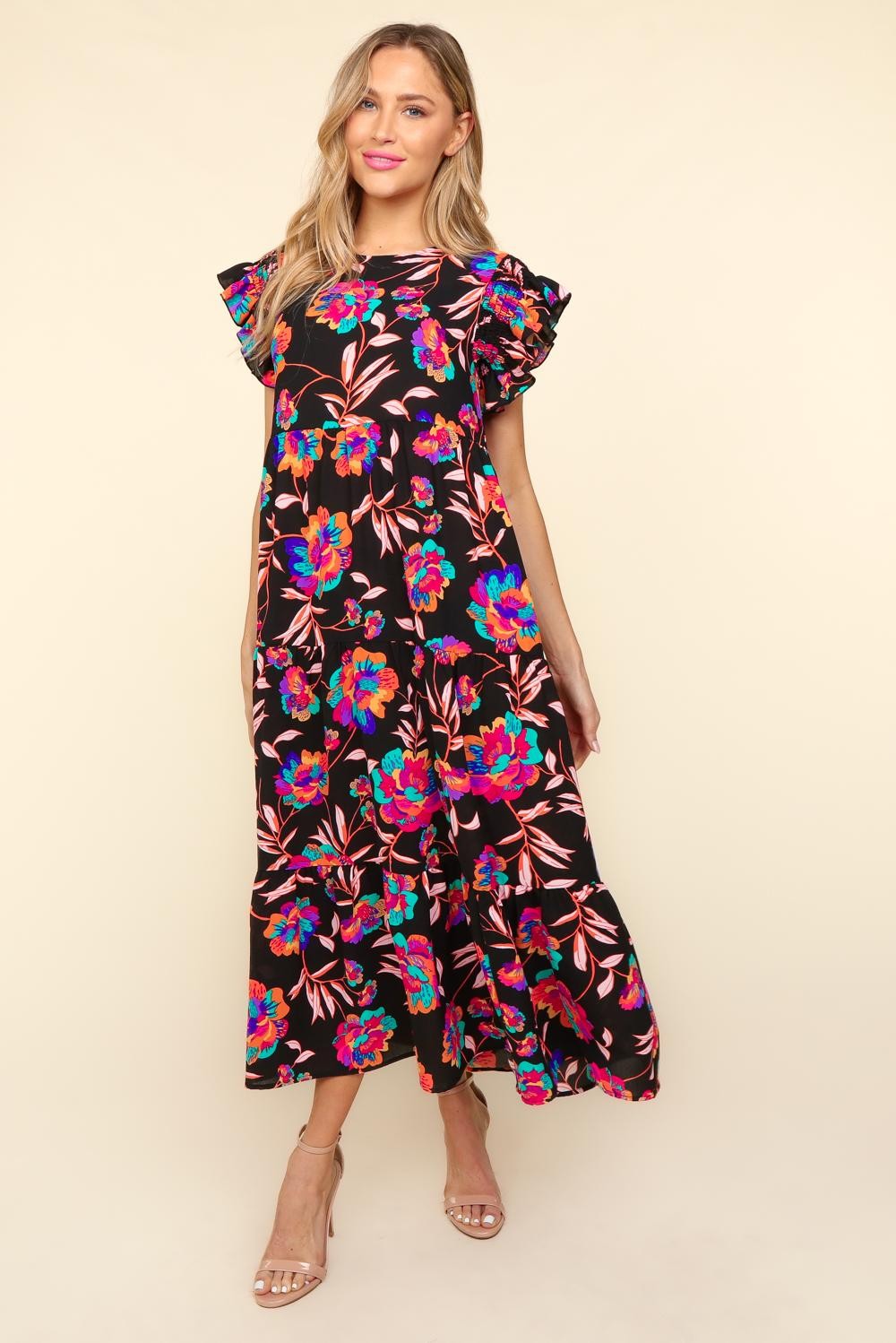 Haptics Ruffled Printed Round Neck Cap Sleeve Dress