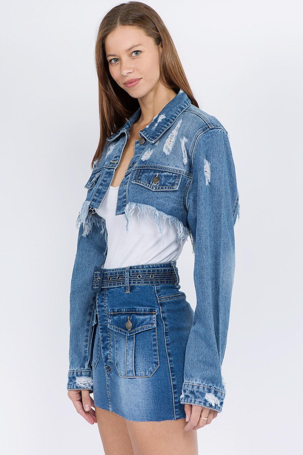 American Bazi Distressed Denim Jacket with Frayed Hem | Gulf Resellers