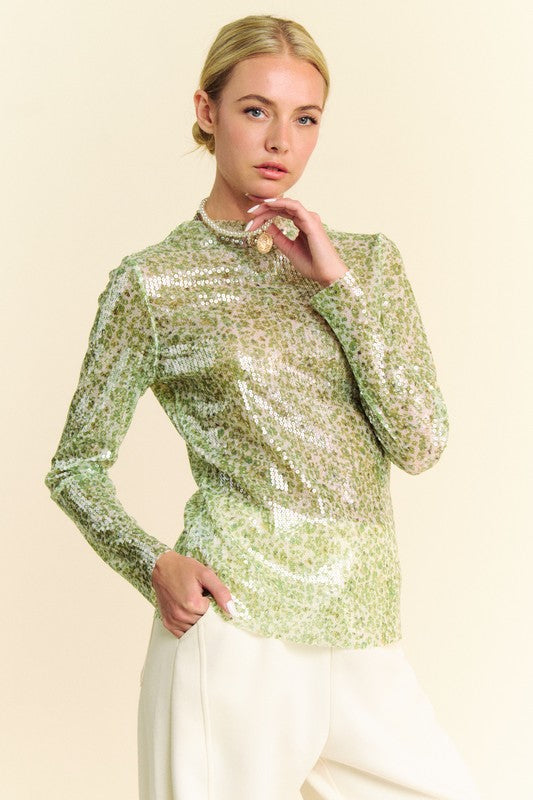 Davi & Dani Sequin Mock Neck Long Sleeve Mesh Top 18311 | Gulf Resellers 