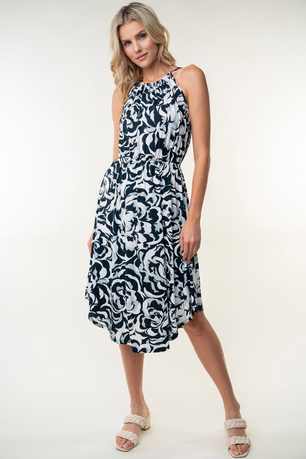 White Birch Tied Ruched Floral Sleeveless Knee Length Dress 5302 | Gulf Resellers 