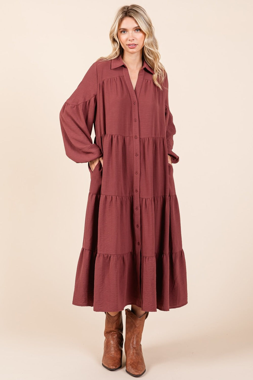 Mittoshop Tiered Button Down Long Sleeve Midi Dress 15113 | Gulf Resellers 