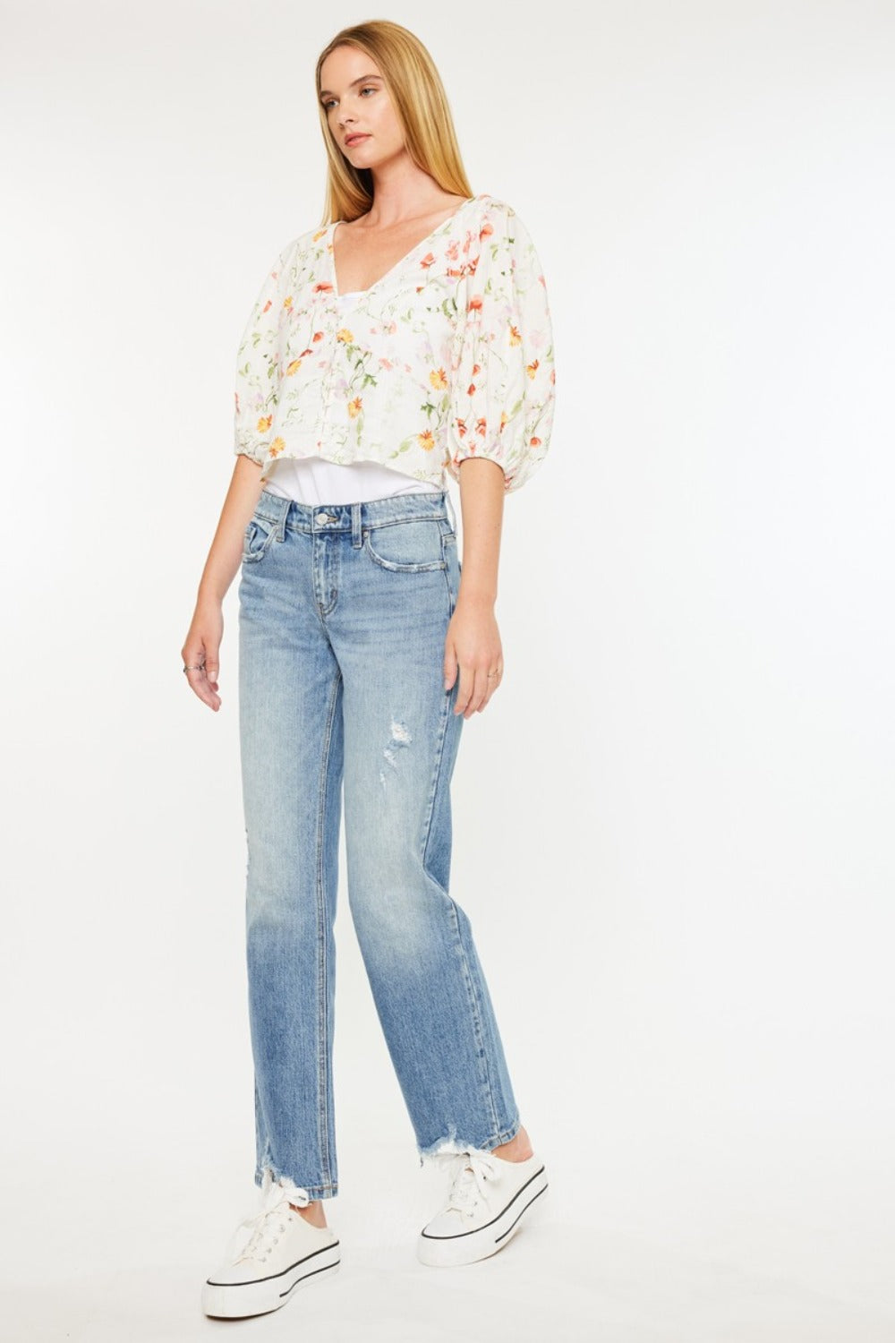 Kancan Mid Rise Frayed Hem Straight Jeans | Gulf Resellers