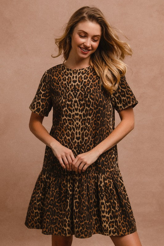 BiBi Tie Back Leopard Round Neck Short Sleeve Dress 20889 | Gulf Resellers 