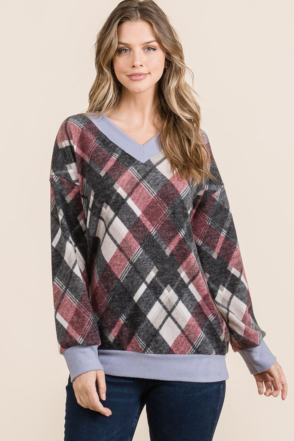 Celeste Plaid V-Neck Long Sleeve T-Shirt 19754 | Gulf Resellers 