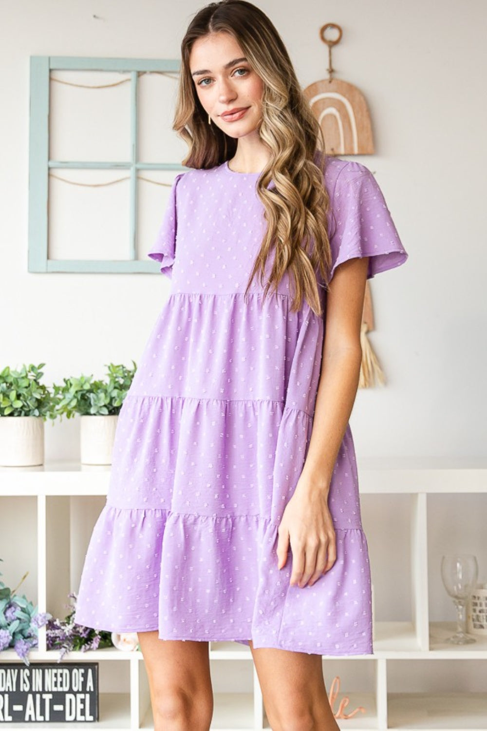 Heimish Full Size Swiss Dot Short Sleeve Tiered Dress | Gulf Resellers