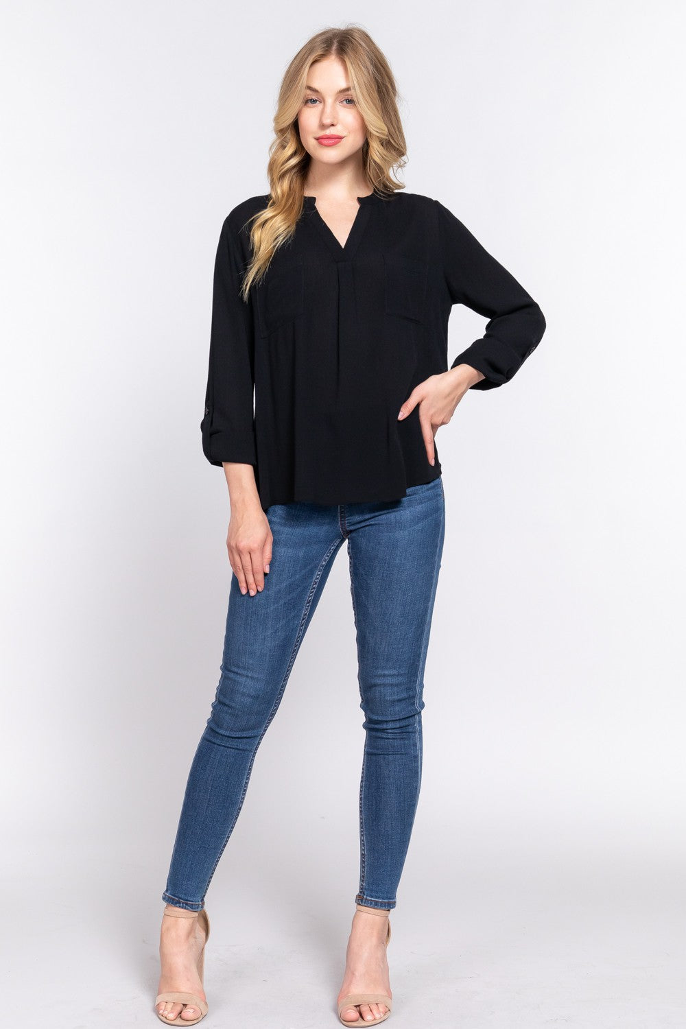 ACTIVE BASIC Full Size Notched Long Sleeve Woven Top | Gulf Resellers