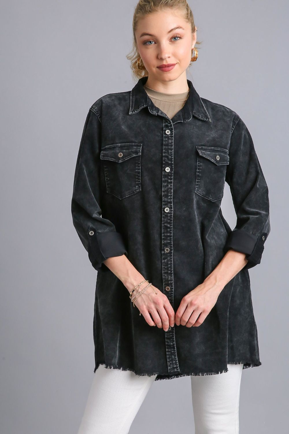 Umgee Raw Hem Button Down Denim Jacket with Chest Pockets 20486 | Gulf Resellers 