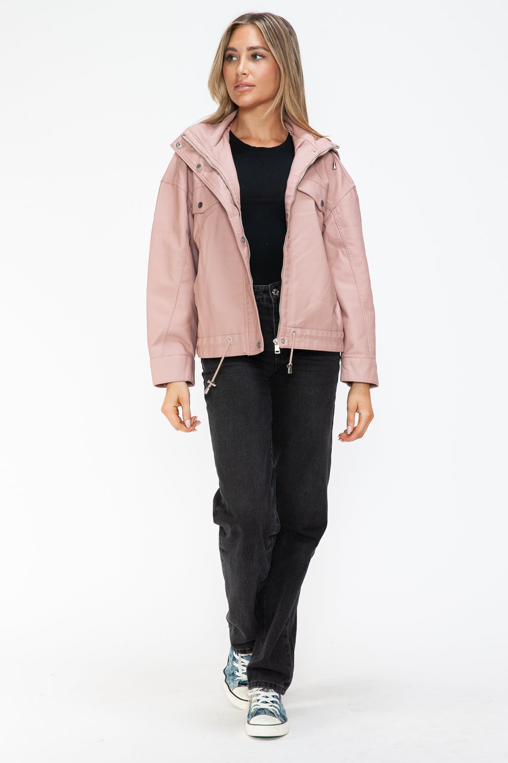 How Dare U Drawstring Hem PU Leather Zip Up Jacket 15559 | Gulf Resellers 