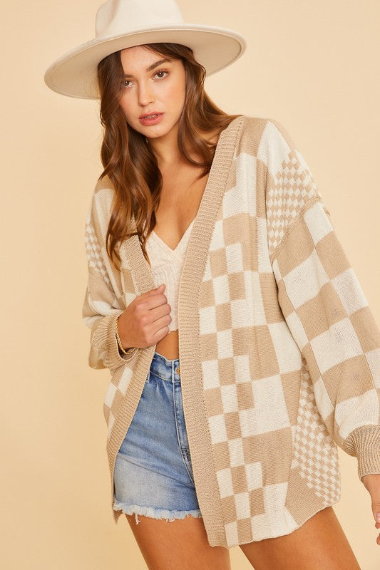 Annie Wear Checkered Open Front Drop Shoulder Cardigan 18595 | Gulf Resellers 