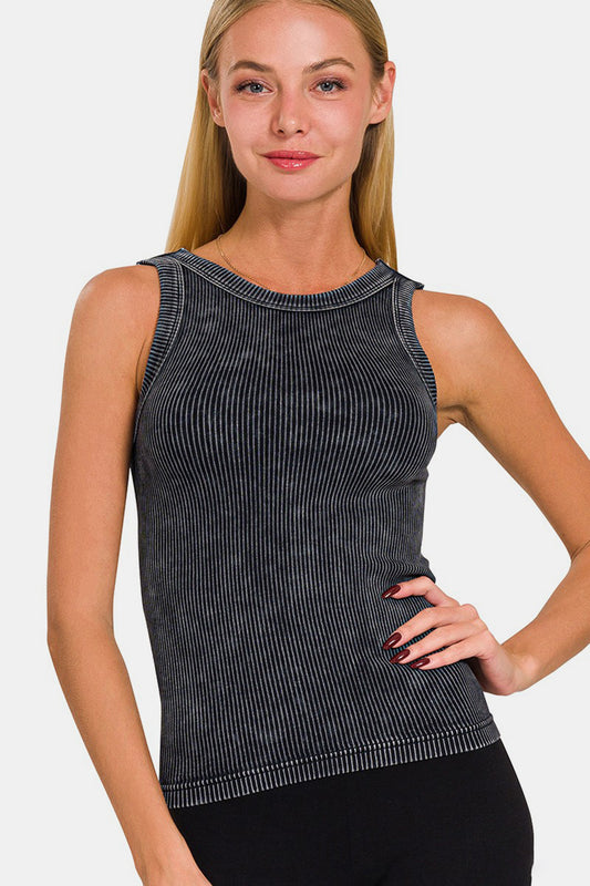 Zenana 2 Way Neckline Washed Ribbed Cropped Tank | Gulf Resellers