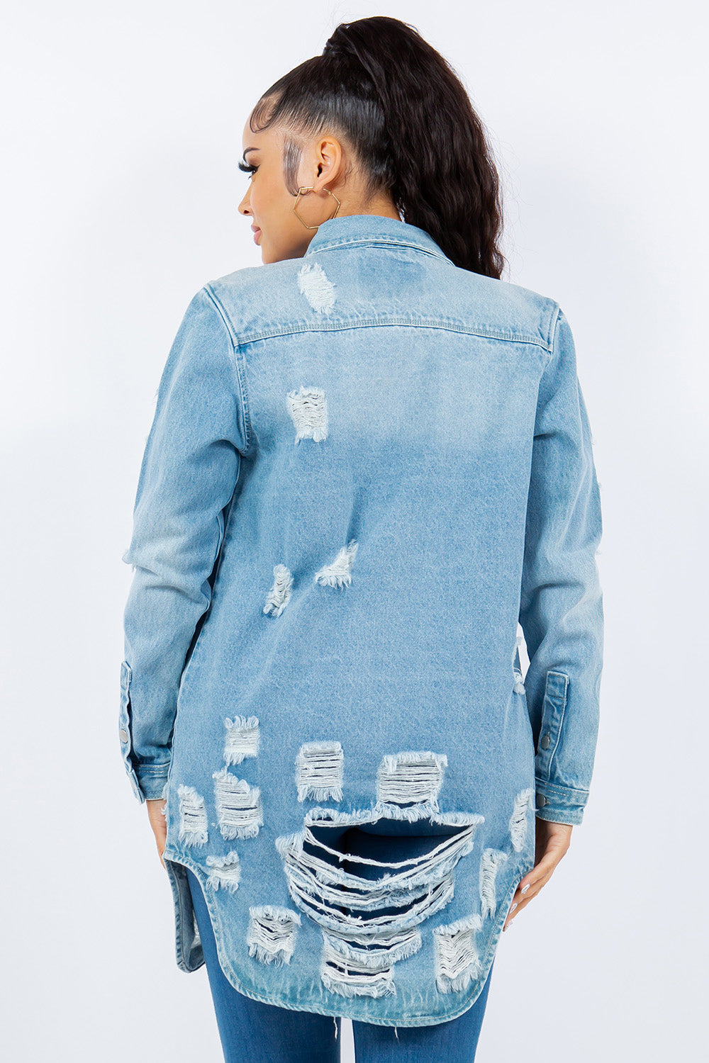 American Bazi Distressed Button Up Long Sleeve Denim Jacket | Gulf Resellers