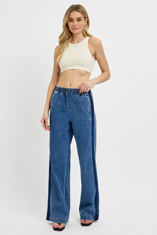 RISEN Full Size Elastic Waist Wide Leg Jeans Plus Size 18646 | Gulf Resellers 