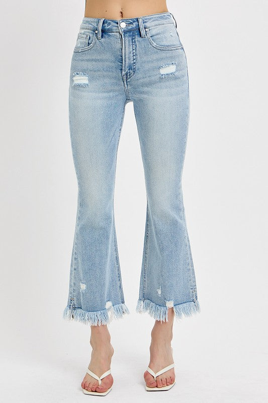 RISEN Full Size Raw Hem Distressed Cropped Flare Jeans Plus Size 18800 | Gulf Resellers 